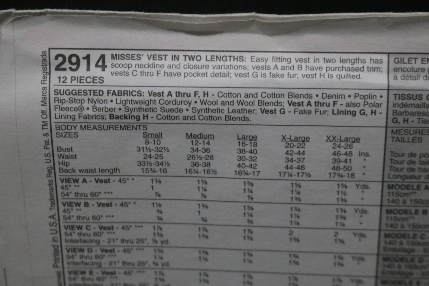 McCalls 2914 Misses Vest in Two Lengths Sewing Pattern - UNCUT - Size XL ( 20 - 22 )