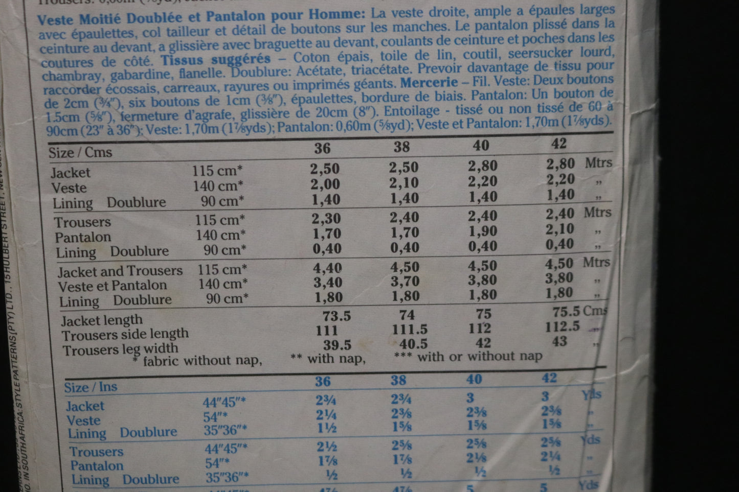 Style 4422 Mens Half Lined Jacket and Trousers Sewing Pattern - UNCUT Size 42