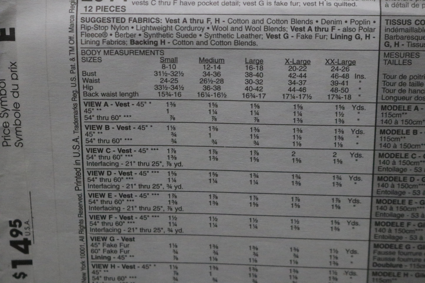 McCalls 2914 Misses Vest in Two Lengths Sewing Pattern - UNCUT - Size XL ( 20 - 22 )