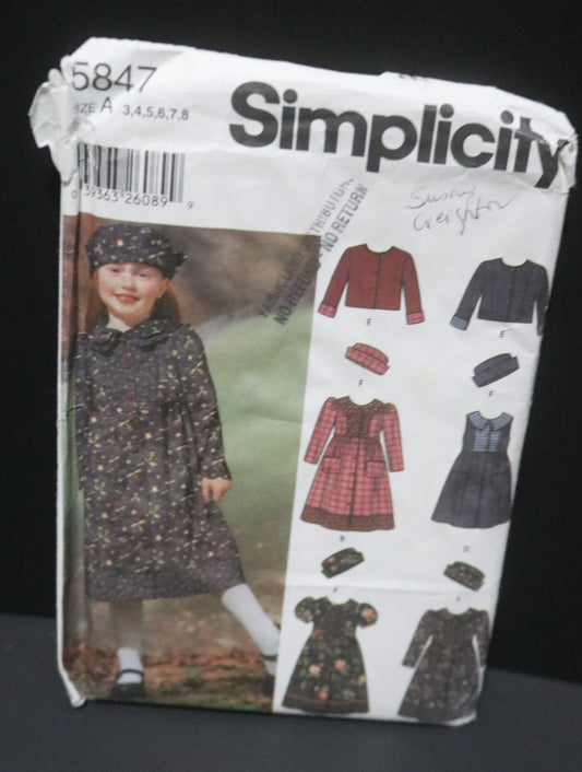 Simplicity 5847 Child's Dress in Two Lengths Jacket and Hat Sewing Pattern - UNCUT - Size 3 4 5 6 7 8