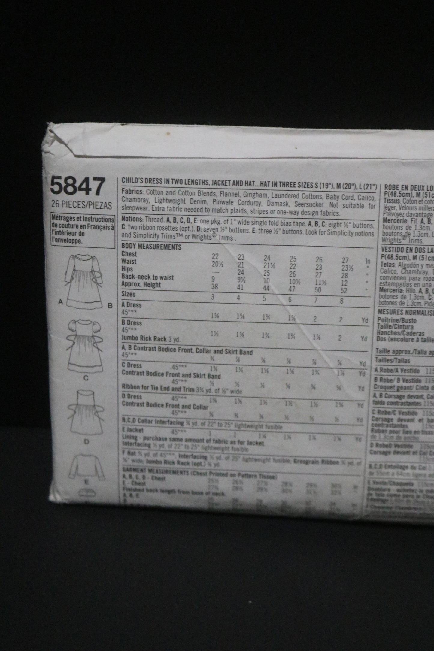 Simplicity 5847 Child's Dress in Two Lengths Jacket and Hat Sewing Pattern - UNCUT - Size 3 4 5 6 7 8