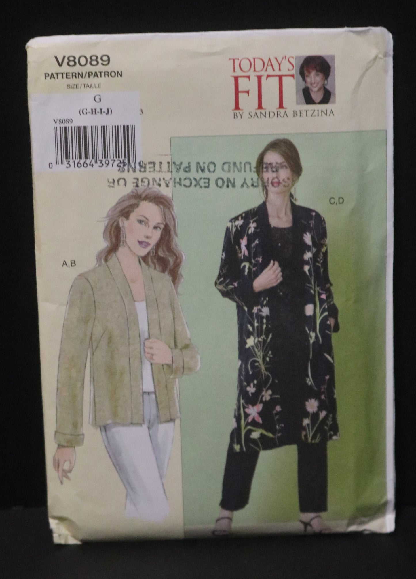 Vogue 8089 Sandra Betzina Misses / Misses Petite Unlined, Lined ot Reversible Jacket Sewing Pattern - UNCUT - Size G H I J