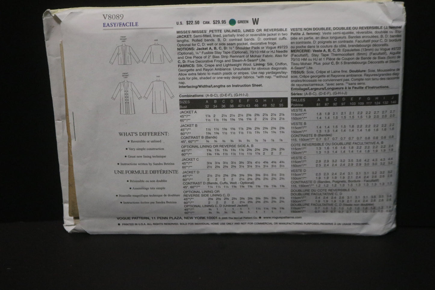 Vogue 8089 Sandra Betzina Misses / Misses Petite Unlined, Lined ot Reversible Jacket Sewing Pattern - UNCUT - Size G H I J