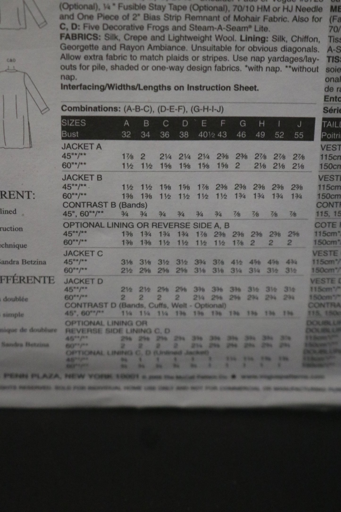 Vogue 8089 Sandra Betzina Misses / Misses Petite Unlined, Lined ot Reversible Jacket Sewing Pattern - UNCUT - Size G H I J