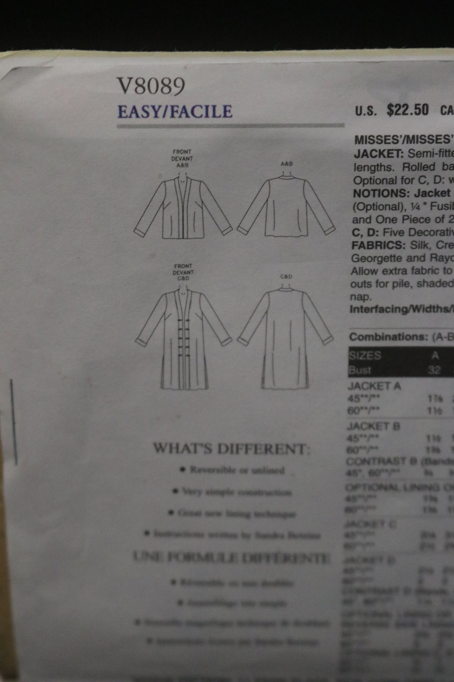 Vogue 8089 Sandra Betzina Misses / Misses Petite Unlined, Lined ot Reversible Jacket Sewing Pattern - UNCUT - Size G H I J