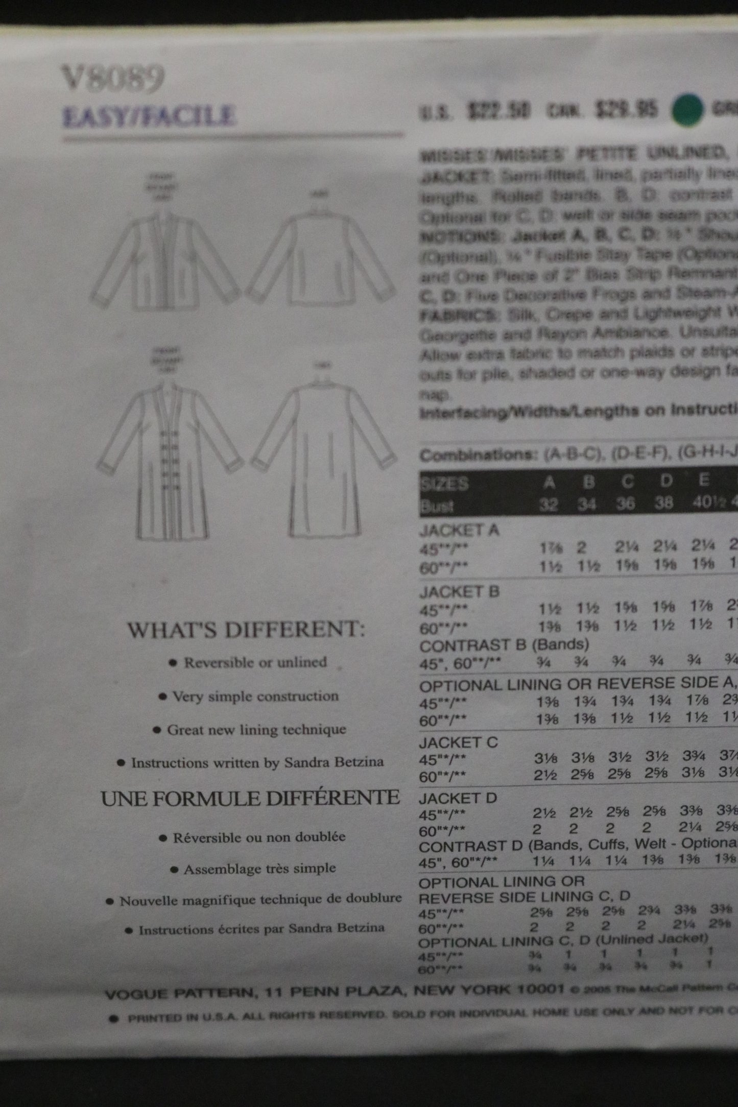 Vogue 8089 Sandra Betzina Misses / Misses Petite Unlined, Lined ot Reversible Jacket Sewing Pattern - UNCUT - Size G H I J