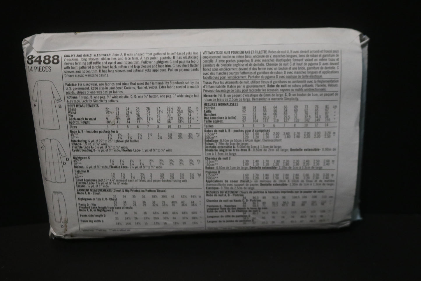 Simplicity 8488 Girls Sleepwear Sewing Pattern UNCUT Size 7 8 10 12