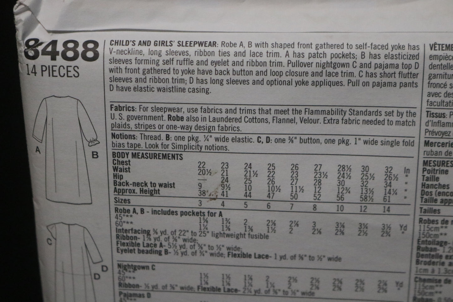 Simplicity 8488 Girls Sleepwear Sewing Pattern UNCUT Size 7 8 10 12