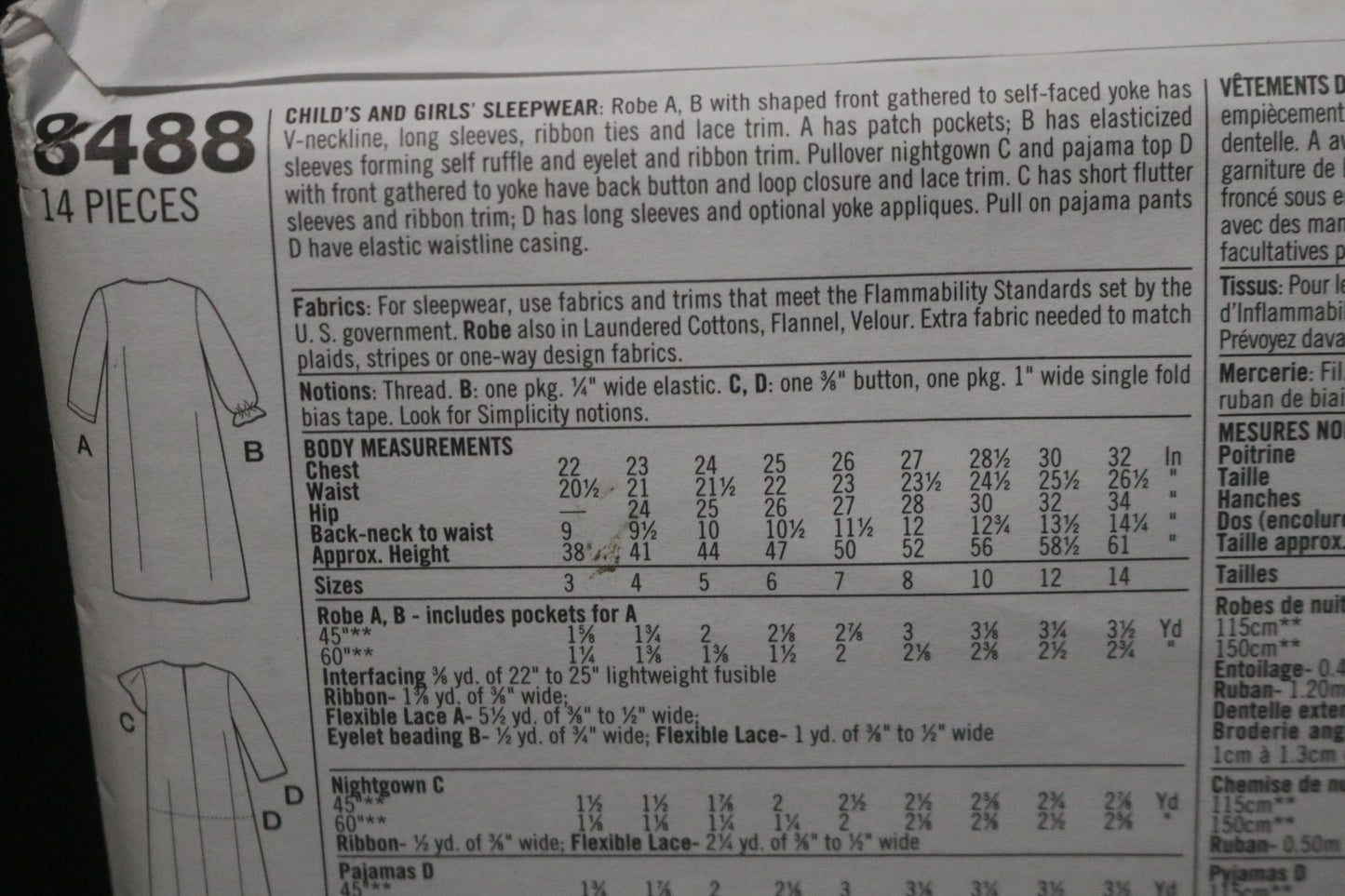 Simplicity 8488 Girls Sleepwear Sewing Pattern UNCUT Size 7 8 10 12