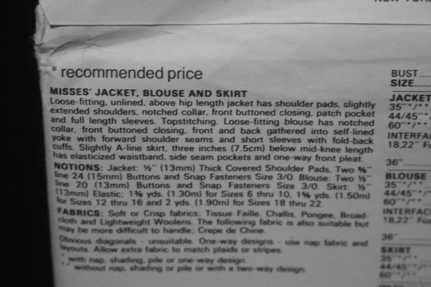 Vogue 8206 Misses Jacket Blouse and Skirt Sewing Pattern - UNCUT - Size 18 20 22