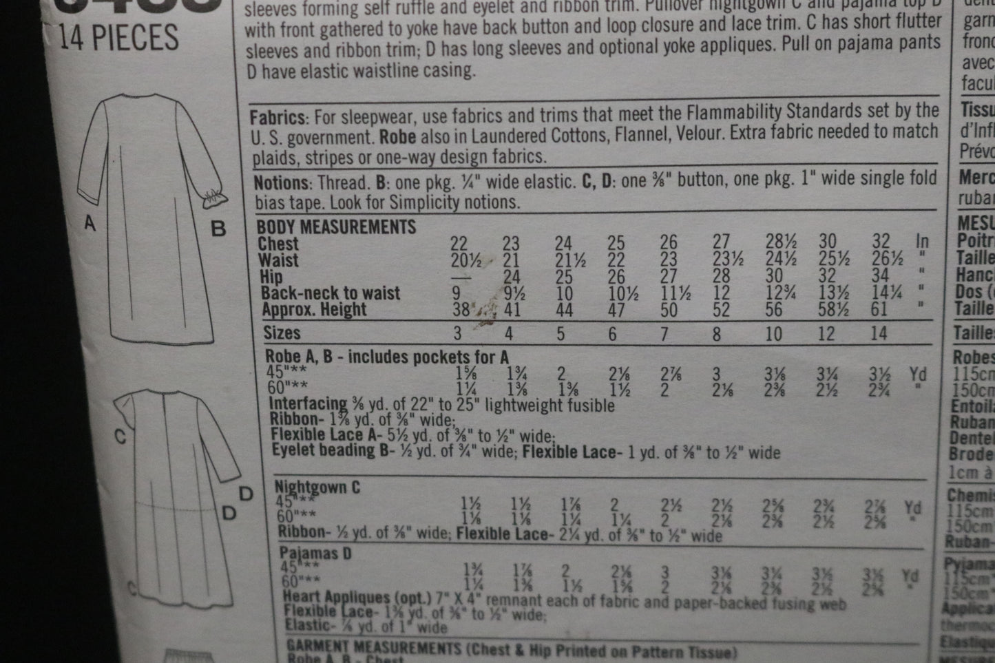 Simplicity 8488 Girls Sleepwear Sewing Pattern UNCUT Size 7 8 10 12