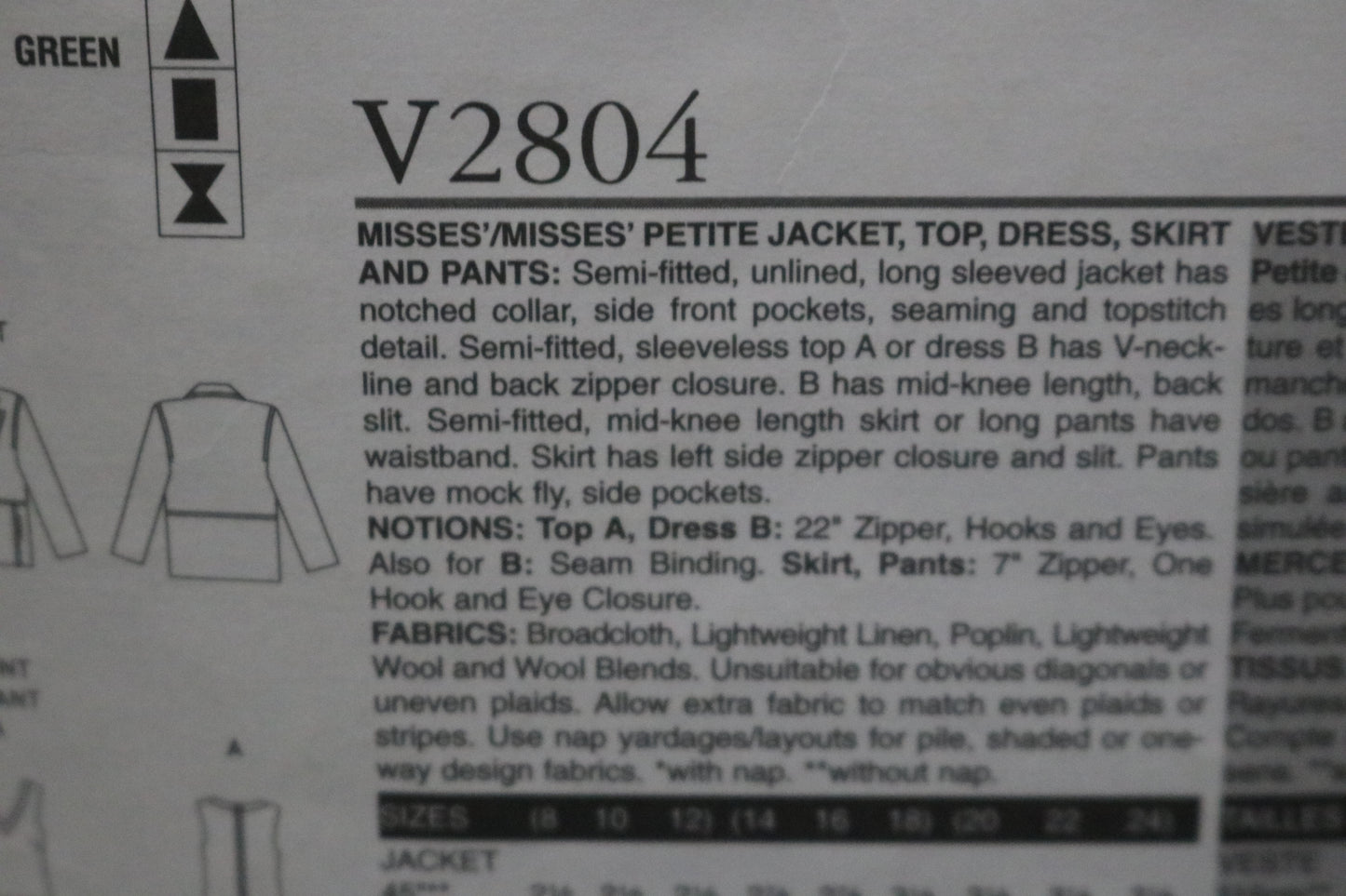 Vogue 2804 Misses / misses Petite jacket Top Dress Skirt and Pants Sewing Pattern - UNCUT - Size 8 10 12