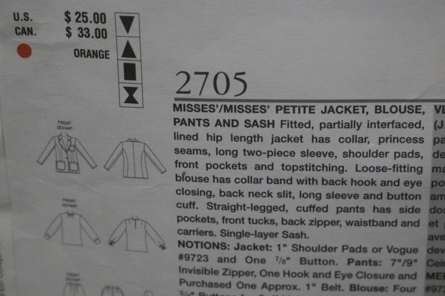 Vogue 2705 Misses /  Misses Petite Jacket, Blouse Pants and Sash Sewing Pattern - UNCUT -  Size 12 14 16