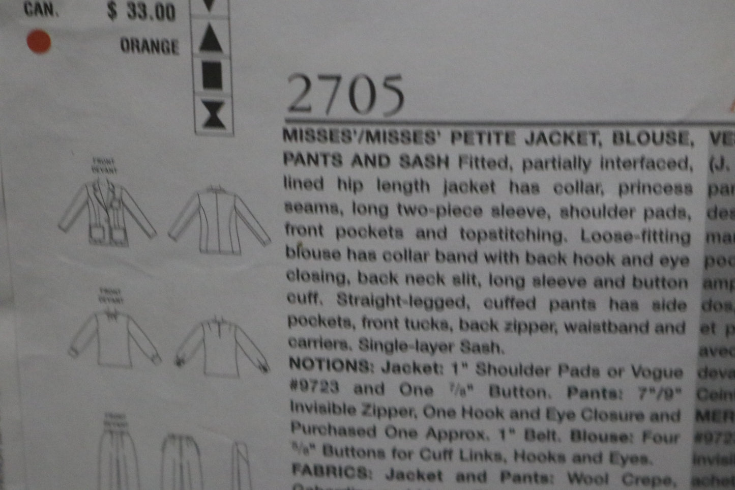 Vogue 2705 Misses /  Misses Petite Jacket, Blouse Pants and Sash Sewing Pattern - UNCUT -  Size 12 14 16