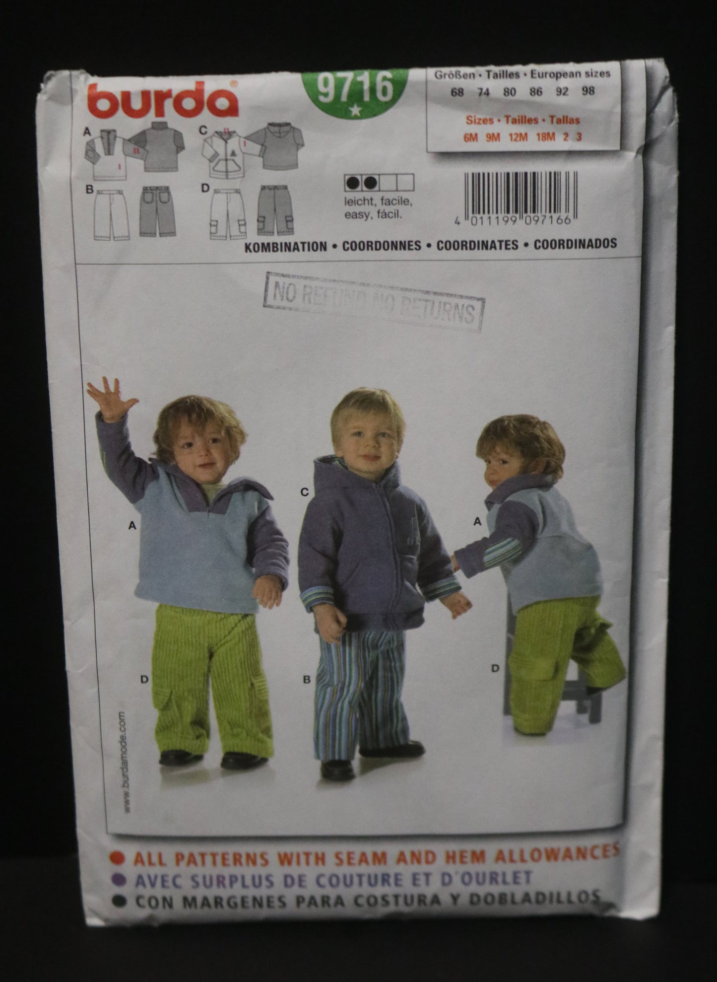 Burda 9716 INfants Toddlers Boys Jacket Shirt and Pants Sewing Pattern - UNCUT - Size 6M 9M 12M 18M 2 3