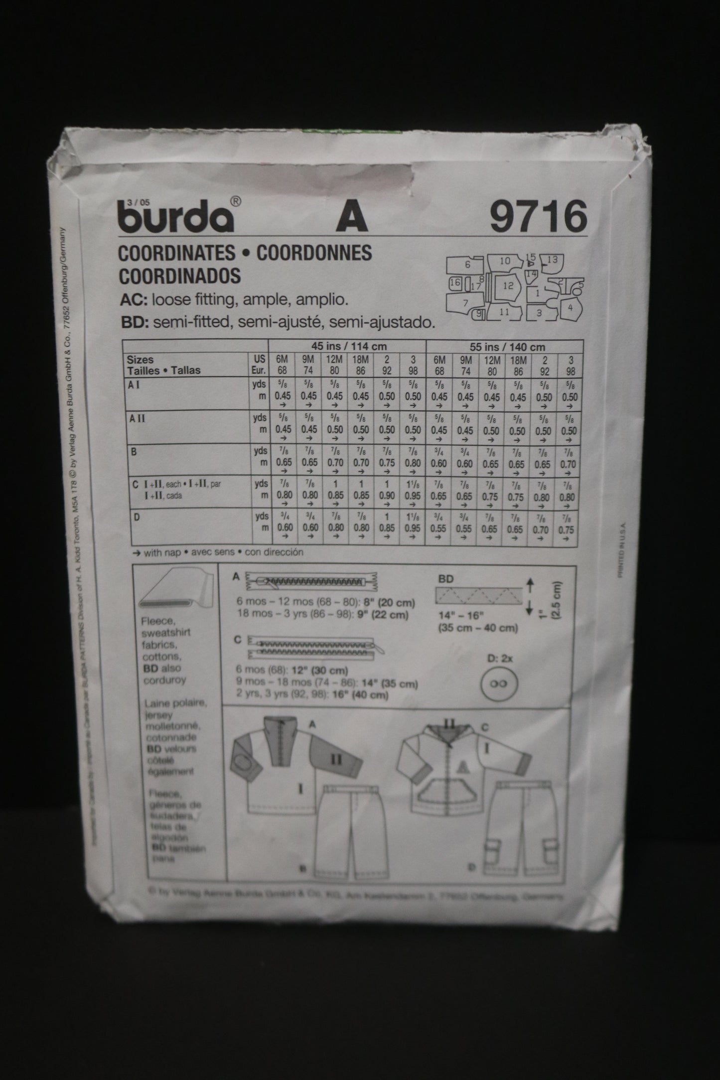 Burda 9716 INfants Toddlers Boys Jacket Shirt and Pants Sewing Pattern - UNCUT - Size 6M 9M 12M 18M 2 3