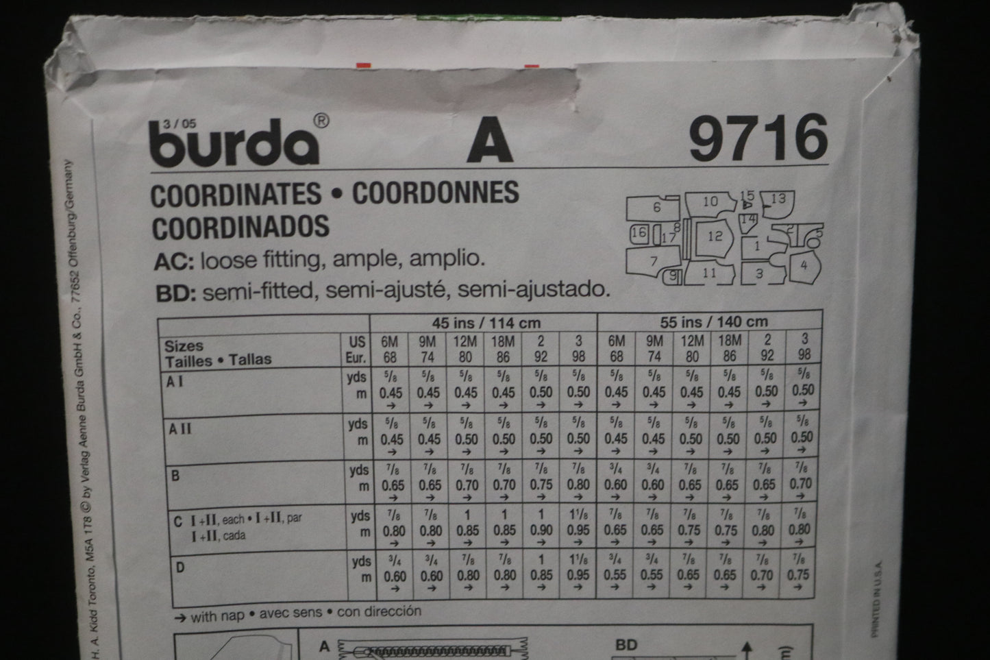 Burda 9716 INfants Toddlers Boys Jacket Shirt and Pants Sewing Pattern - UNCUT - Size 6M 9M 12M 18M 2 3