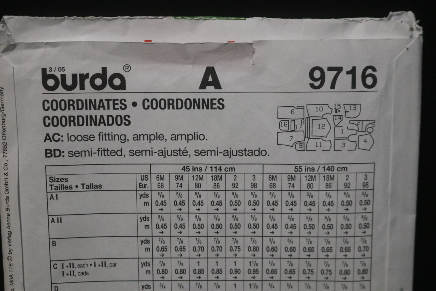 Burda 9716 INfants Toddlers Boys Jacket Shirt and Pants Sewing Pattern - UNCUT - Size 6M 9M 12M 18M 2 3