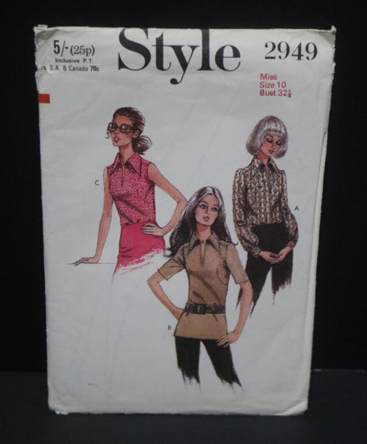 70s Style 2949 Misses Blouse Misses Blouse Sewing Pattern UNCUT Size 10 bust 32 1/2