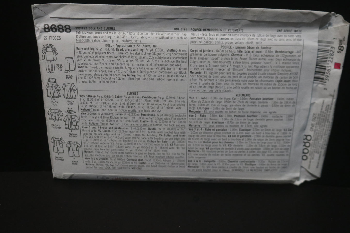 Simplicity 8688 Stuffed Doll and Doll Clothes Sewing Pattern UNCUT