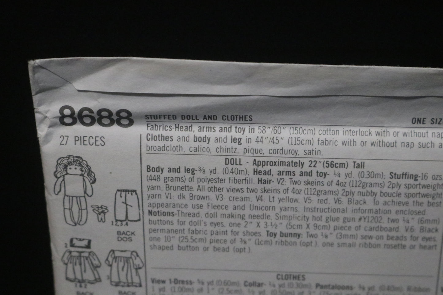 Simplicity 8688 Stuffed Doll and Doll Clothes Sewing Pattern UNCUT