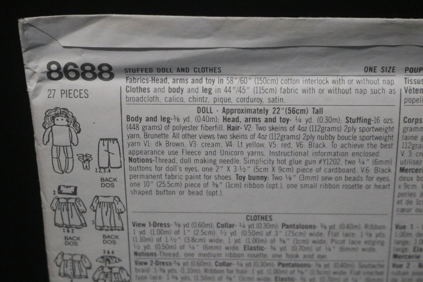 Simplicity 8688 Stuffed Doll and Doll Clothes Sewing Pattern UNCUT