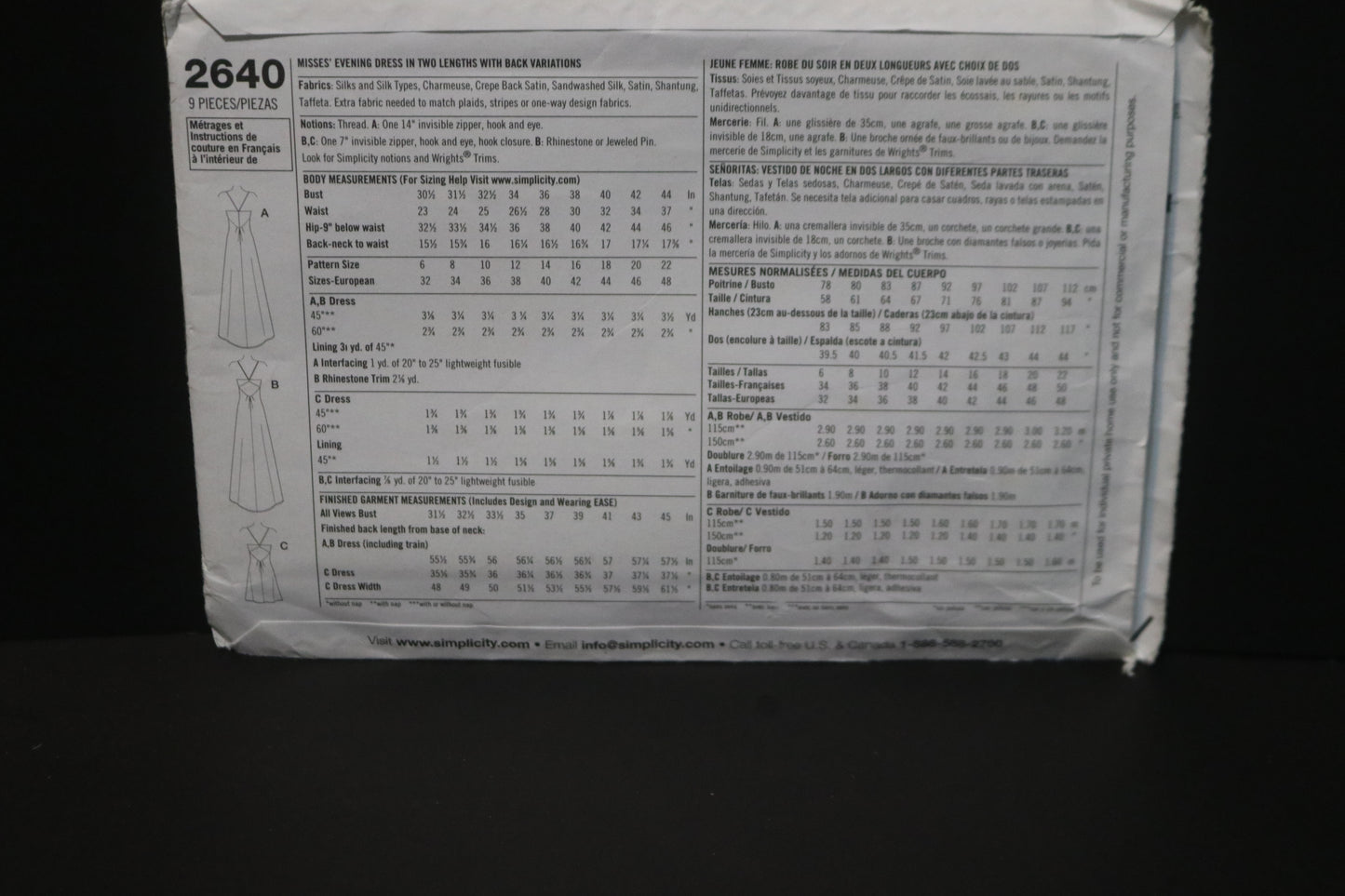 Simplicity 2640 Misses Evening Dress in Two Lengths with Back Variations Sewing Pattern UNCUT Size 14 16 18 20 22