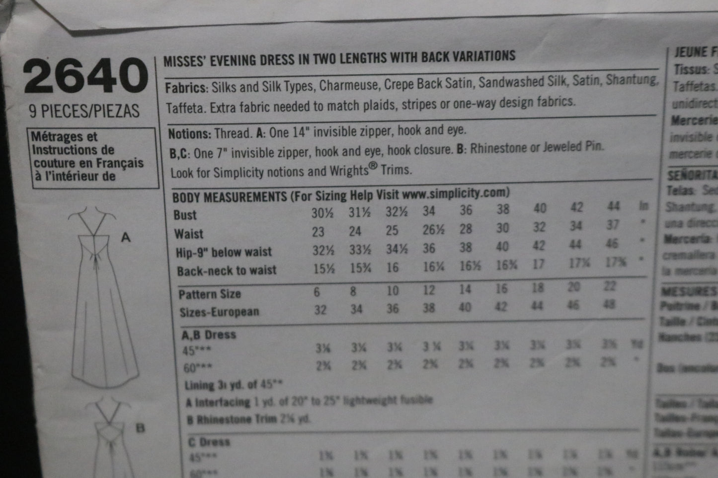 Simplicity 2640 Misses Evening Dress in Two Lengths with Back Variations Sewing Pattern UNCUT Size 14 16 18 20 22