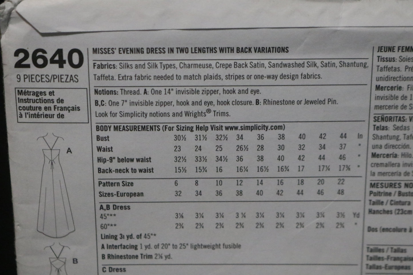 Simplicity 2640 Misses Evening Dress in Two Lengths with Back Variations Sewing Pattern UNCUT Size 14 16 18 20 22