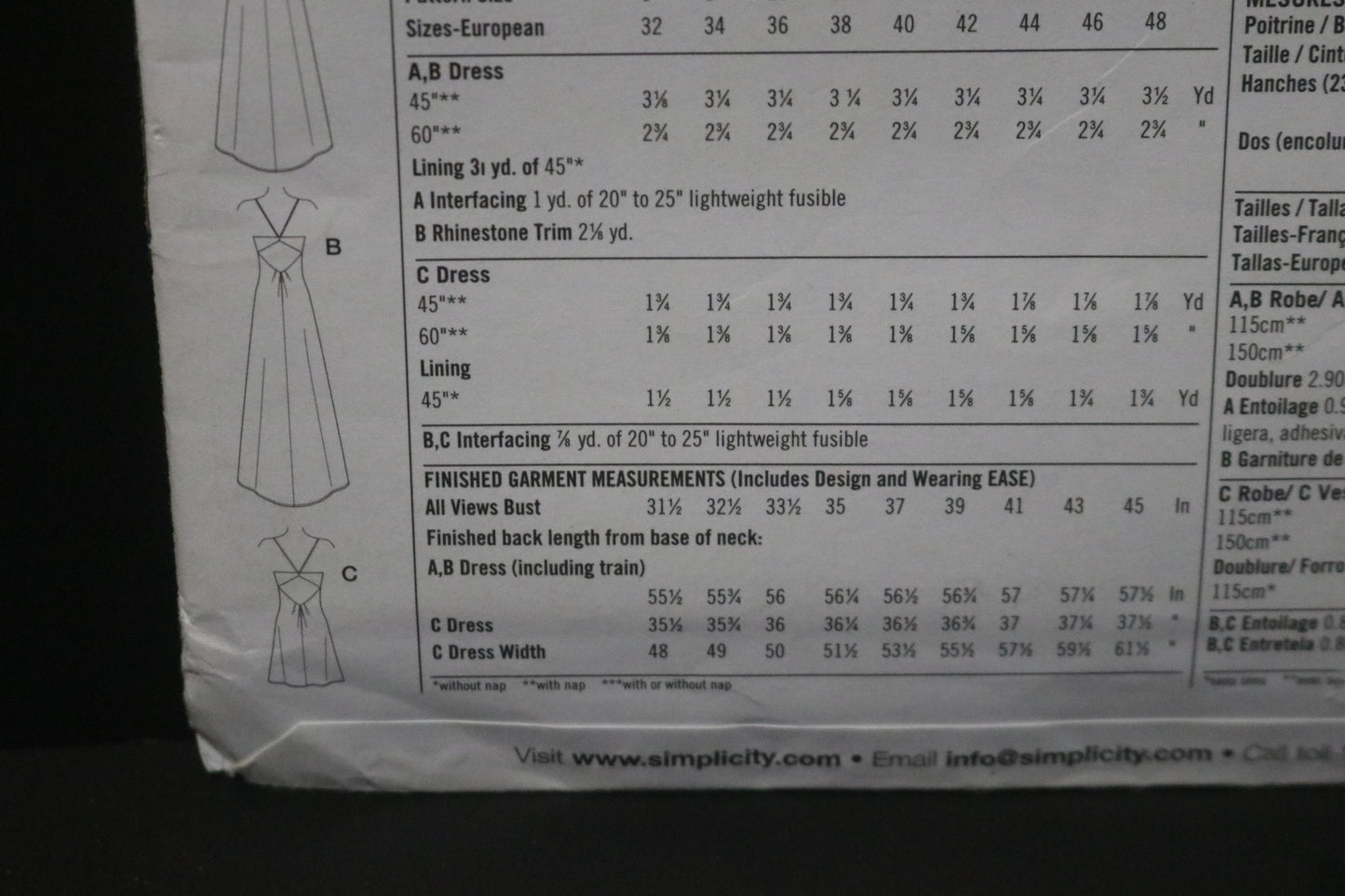 Simplicity 2640 Misses Evening Dress in Two Lengths with Back Variations Sewing Pattern UNCUT Size 14 16 18 20 22