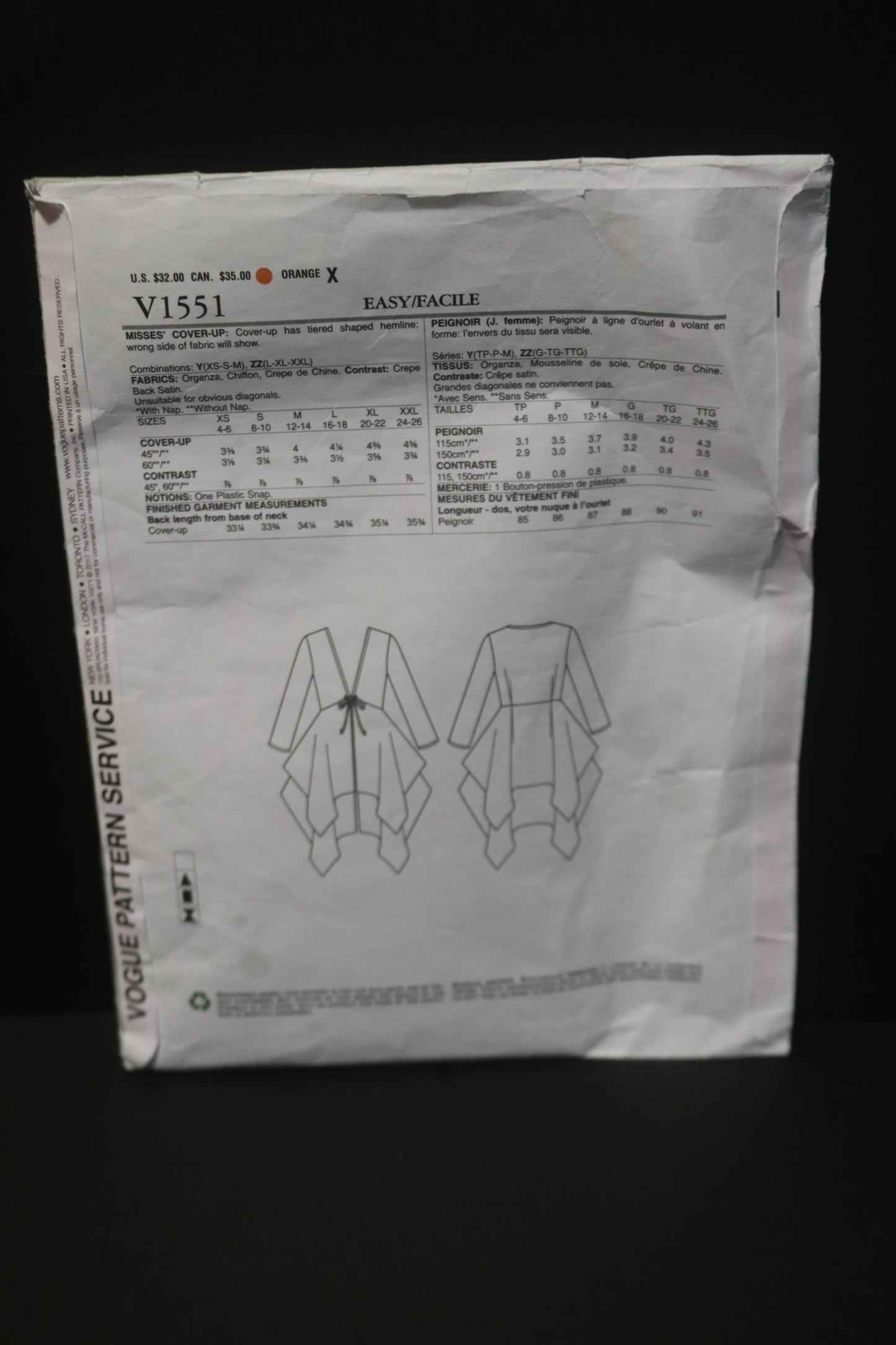 Vogue 1551 Zandra Rhodes Misses Cover Up Sewing Pattern - UNCUT - Size Lrg XLG XXL