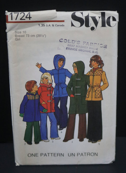 Style 1724 Childs and girls Unlined Coat or Jacket Sewing Pattern - UNCUT Size 10