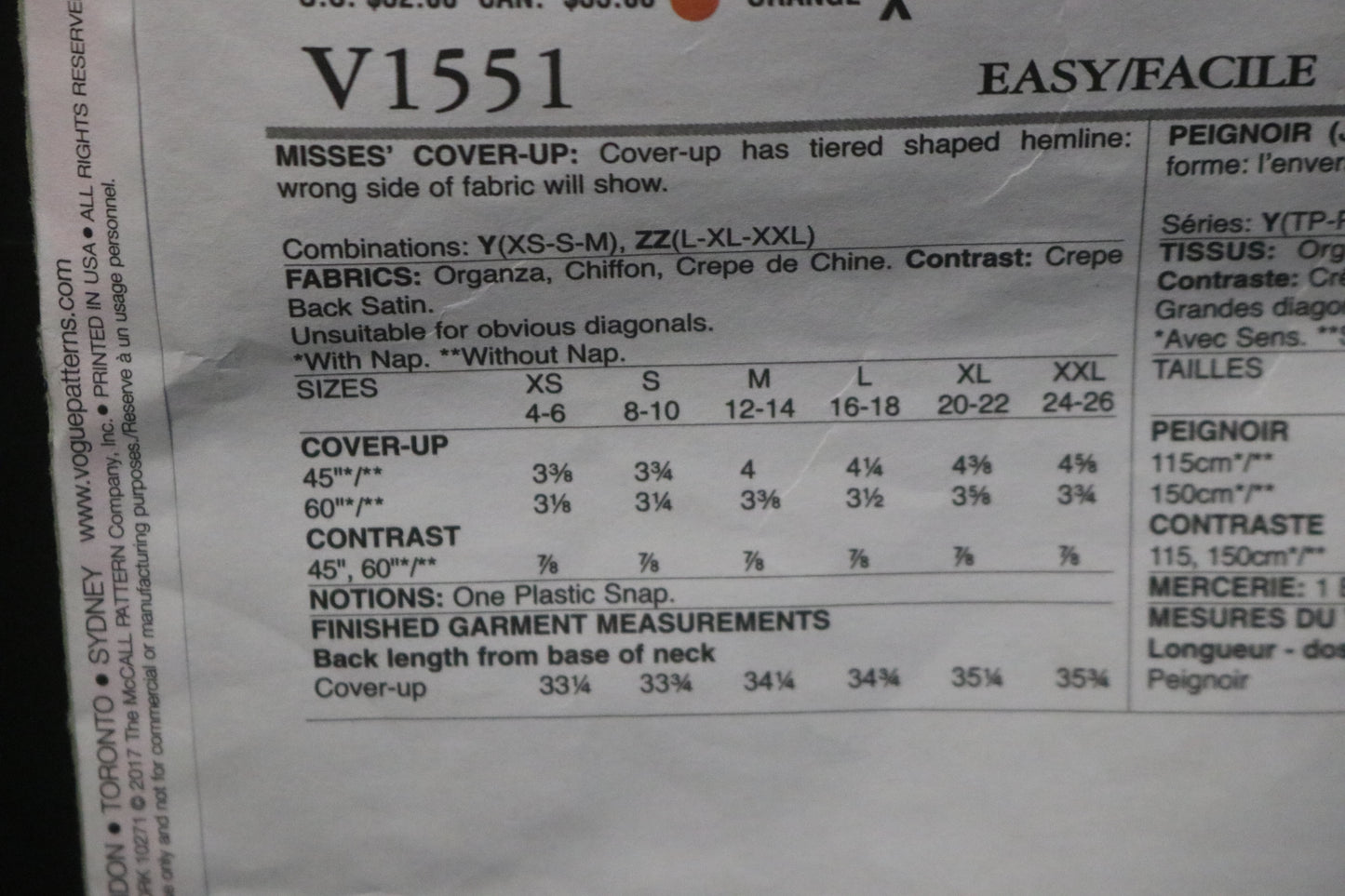 Vogue 1551 Zandra Rhodes Misses Cover Up Sewing Pattern - UNCUT - Size Lrg XLG XXL