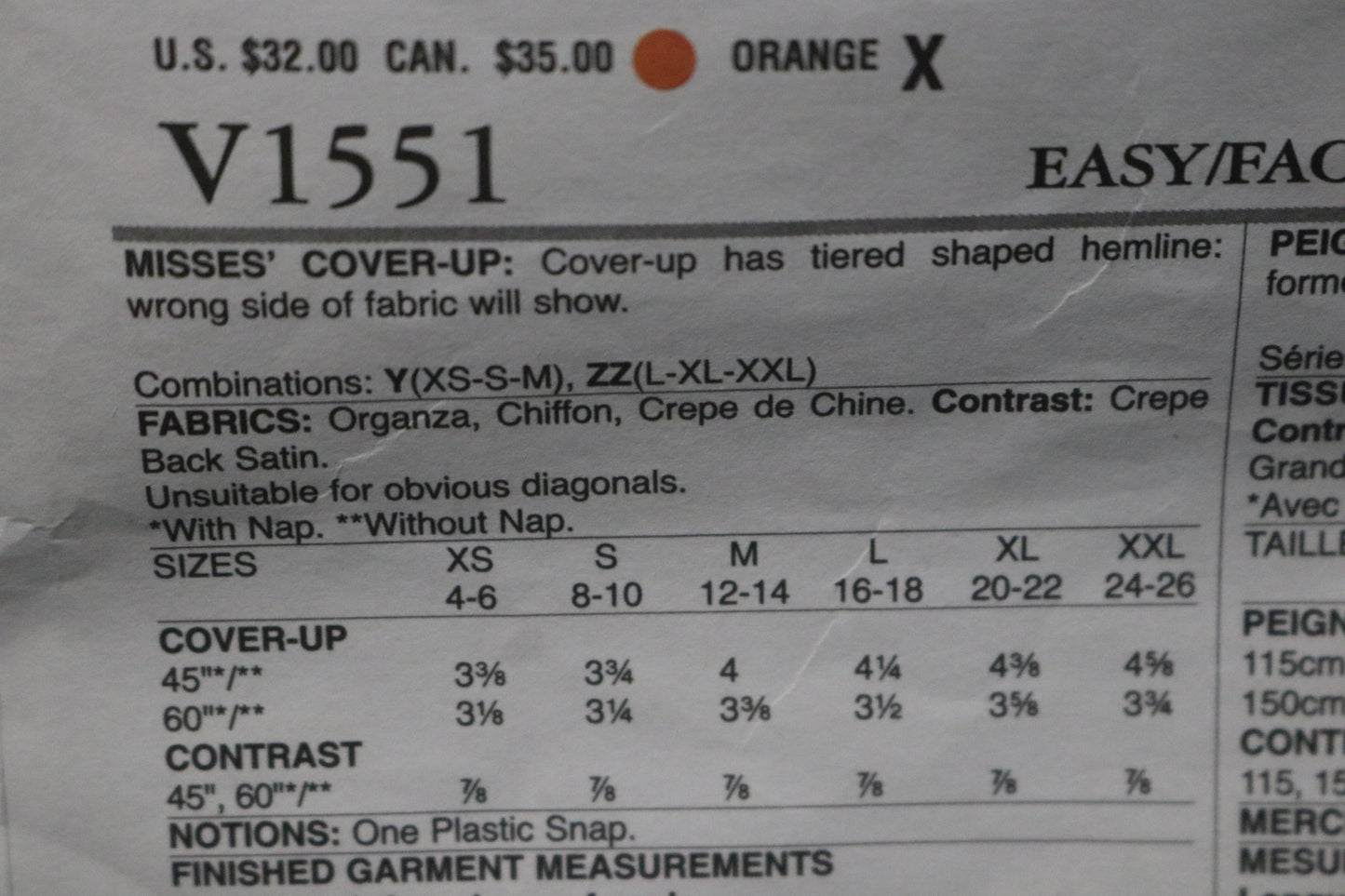 Vogue 1551 Zandra Rhodes Misses Cover Up Sewing Pattern - UNCUT - Size Lrg XLG XXL