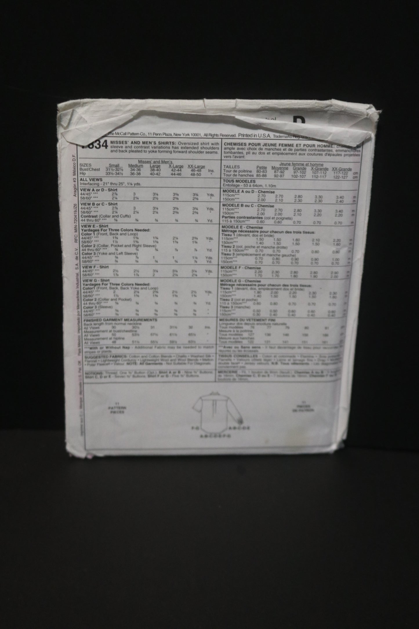 McCalls 7834 Misses and Mens Shirt Sewing Pattern UNCUT - Size Small ( 31 1/2/,32 1/2)