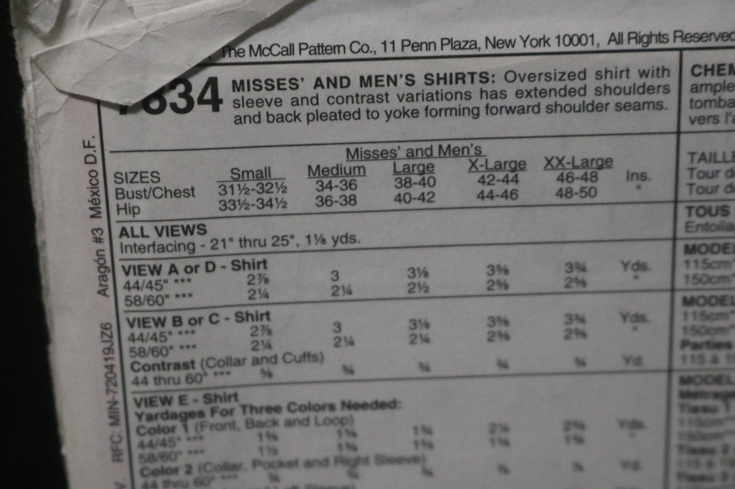 McCalls 7834 Misses and Mens Shirt Sewing Pattern UNCUT - Size Small ( 31 1/2/,32 1/2)