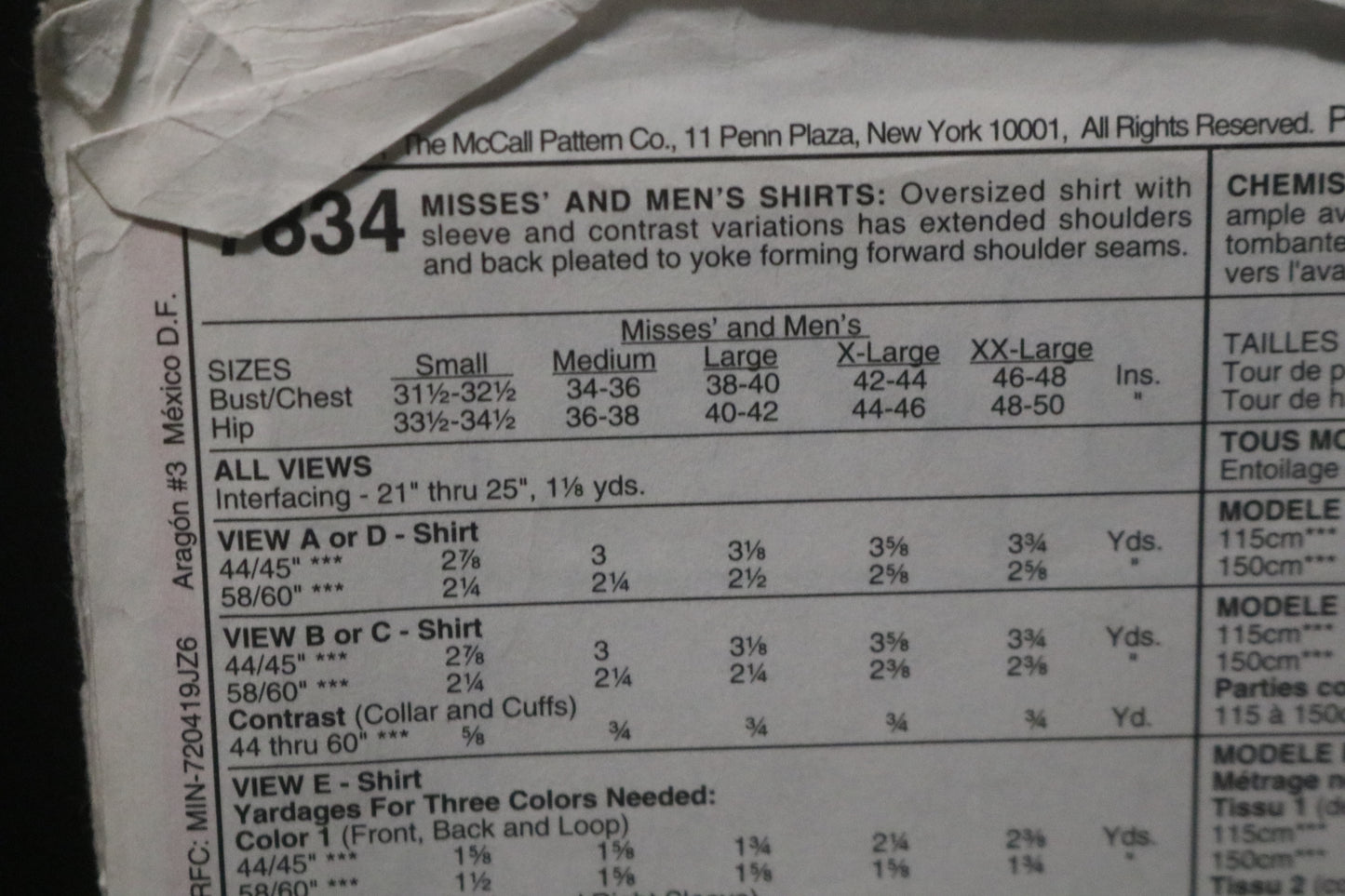 McCalls 7834 Misses and Mens Shirt Sewing Pattern UNCUT - Size Small ( 31 1/2/,32 1/2)