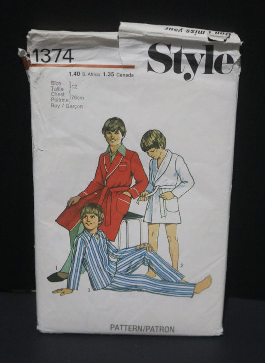 Style 1374 Boys Pajamas Robe in Two Lengths and Pajamas Sewing Pattern UNCUT Size 12