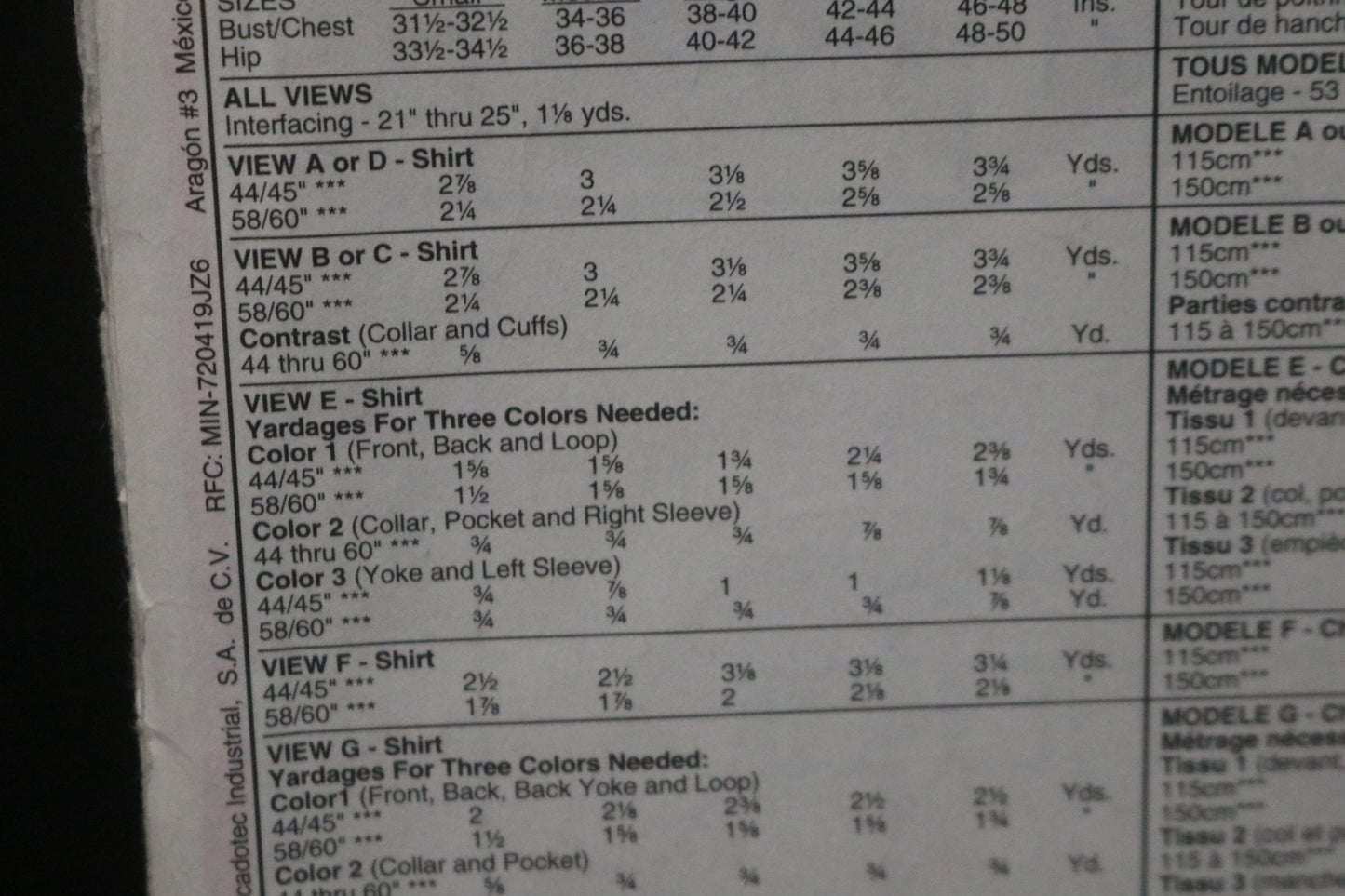 McCalls 7834 Misses and Mens Shirt Sewing Pattern UNCUT - Size Small ( 31 1/2/,32 1/2)