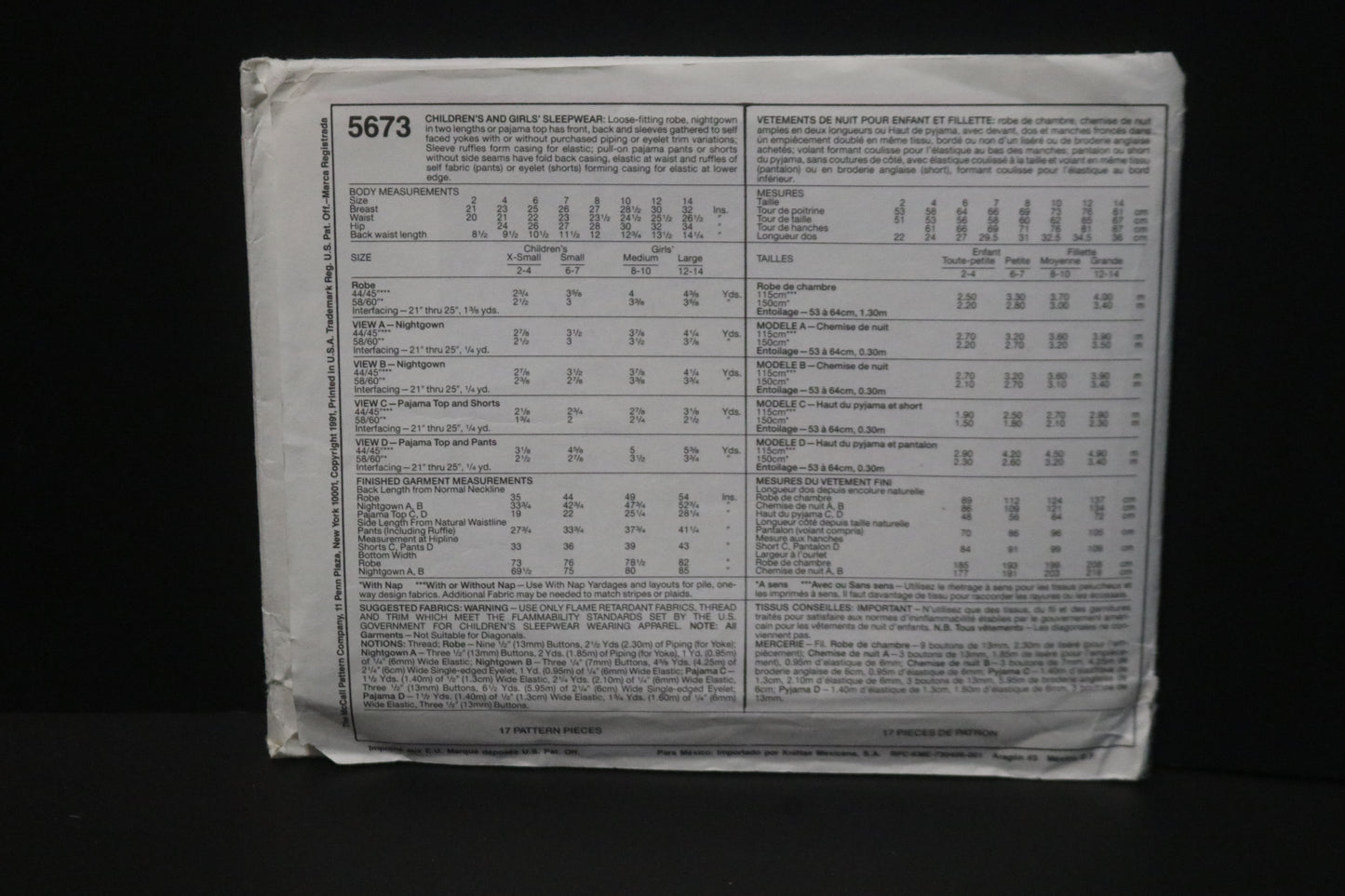 McCalls 5673 Childrens and Girls Sleepwear Sewing Pattern UNCUT Size Ex Small ( 2,4)