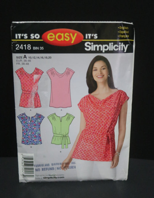 Simplicity 2418 Misses Top in two lengths with Neckline Variations and tie belt Sewing Pattern - UNCUT - Size 10 12 14 16 18 20