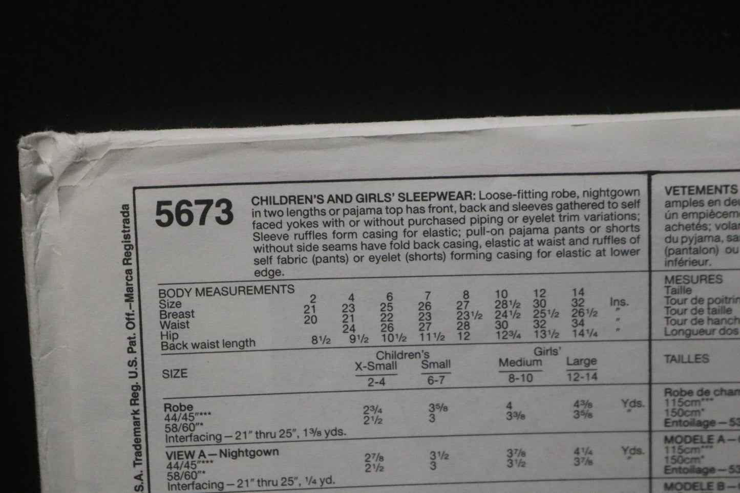 McCalls 5673 Childrens and Girls Sleepwear Sewing Pattern UNCUT Size Ex Small ( 2,4)