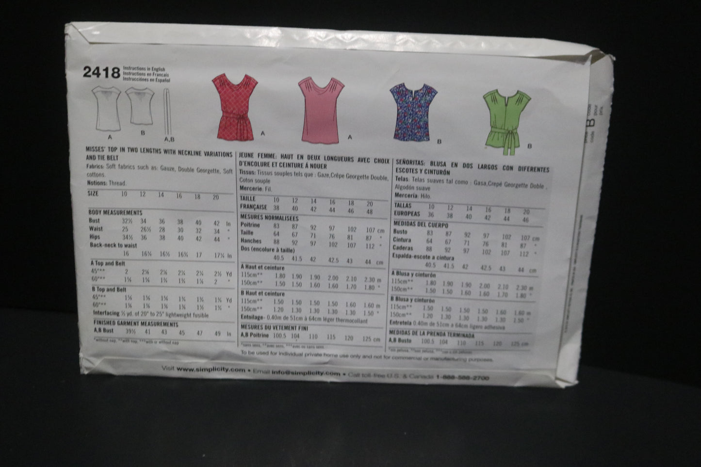 Simplicity 2418 Misses Top in two lengths with Neckline Variations and tie belt Sewing Pattern - UNCUT - Size 10 12 14 16 18 20