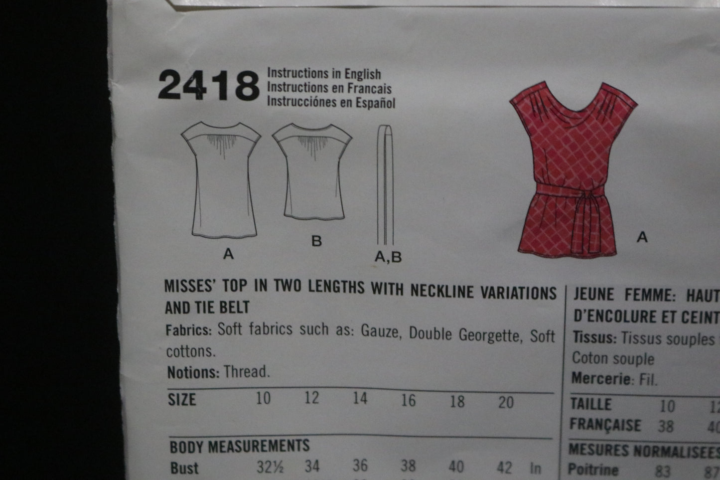 Simplicity 2418 Misses Top in two lengths with Neckline Variations and tie belt Sewing Pattern - UNCUT - Size 10 12 14 16 18 20