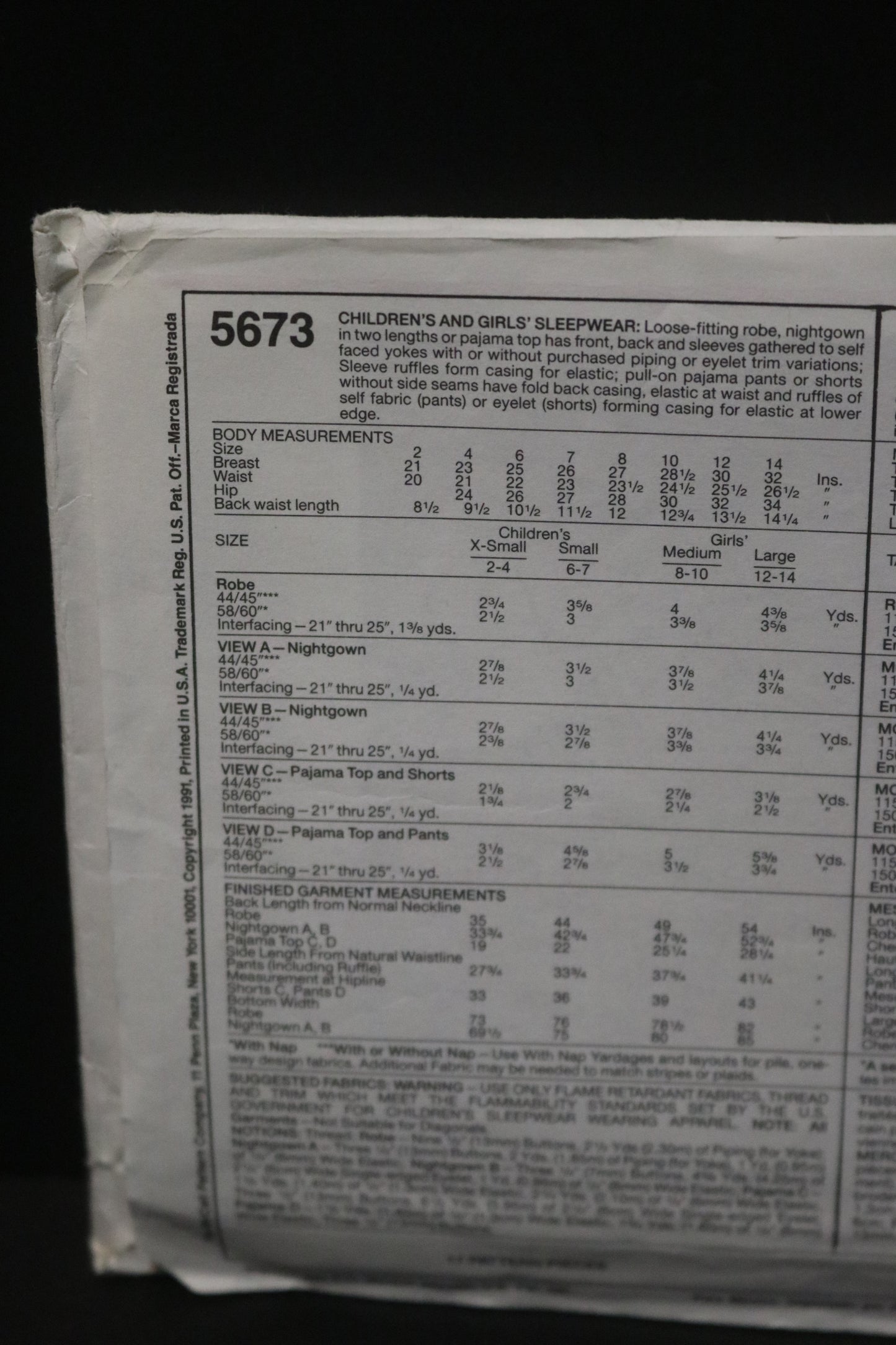 McCalls 5673 Childrens and Girls Sleepwear Sewing Pattern UNCUT Size Ex Small ( 2,4)