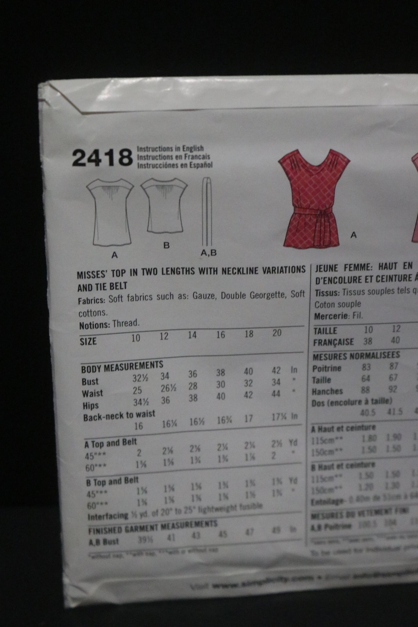 Simplicity 2418 Misses Top in two lengths with Neckline Variations and tie belt Sewing Pattern - UNCUT - Size 10 12 14 16 18 20