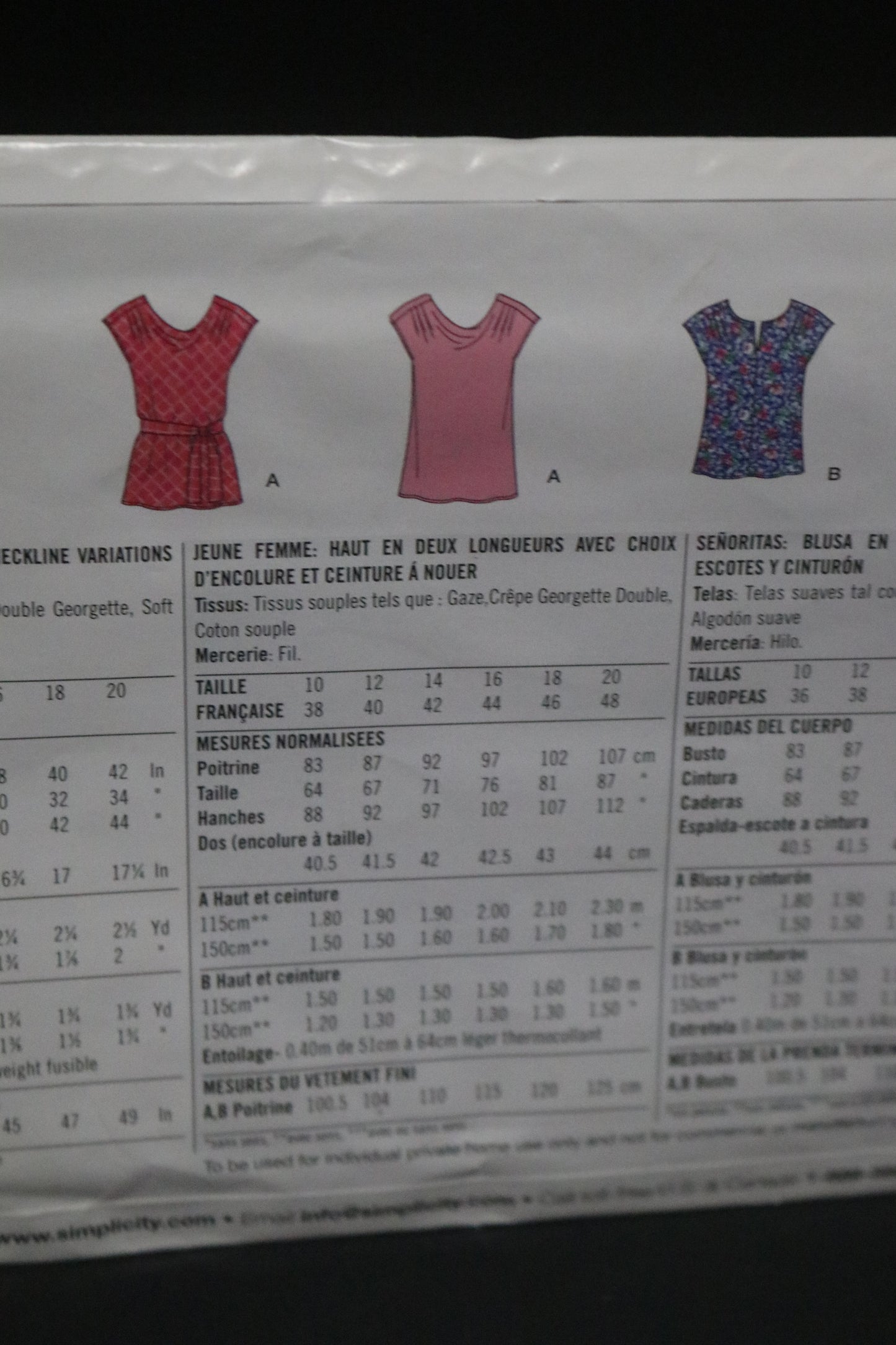 Simplicity 2418 Misses Top in two lengths with Neckline Variations and tie belt Sewing Pattern - UNCUT - Size 10 12 14 16 18 20