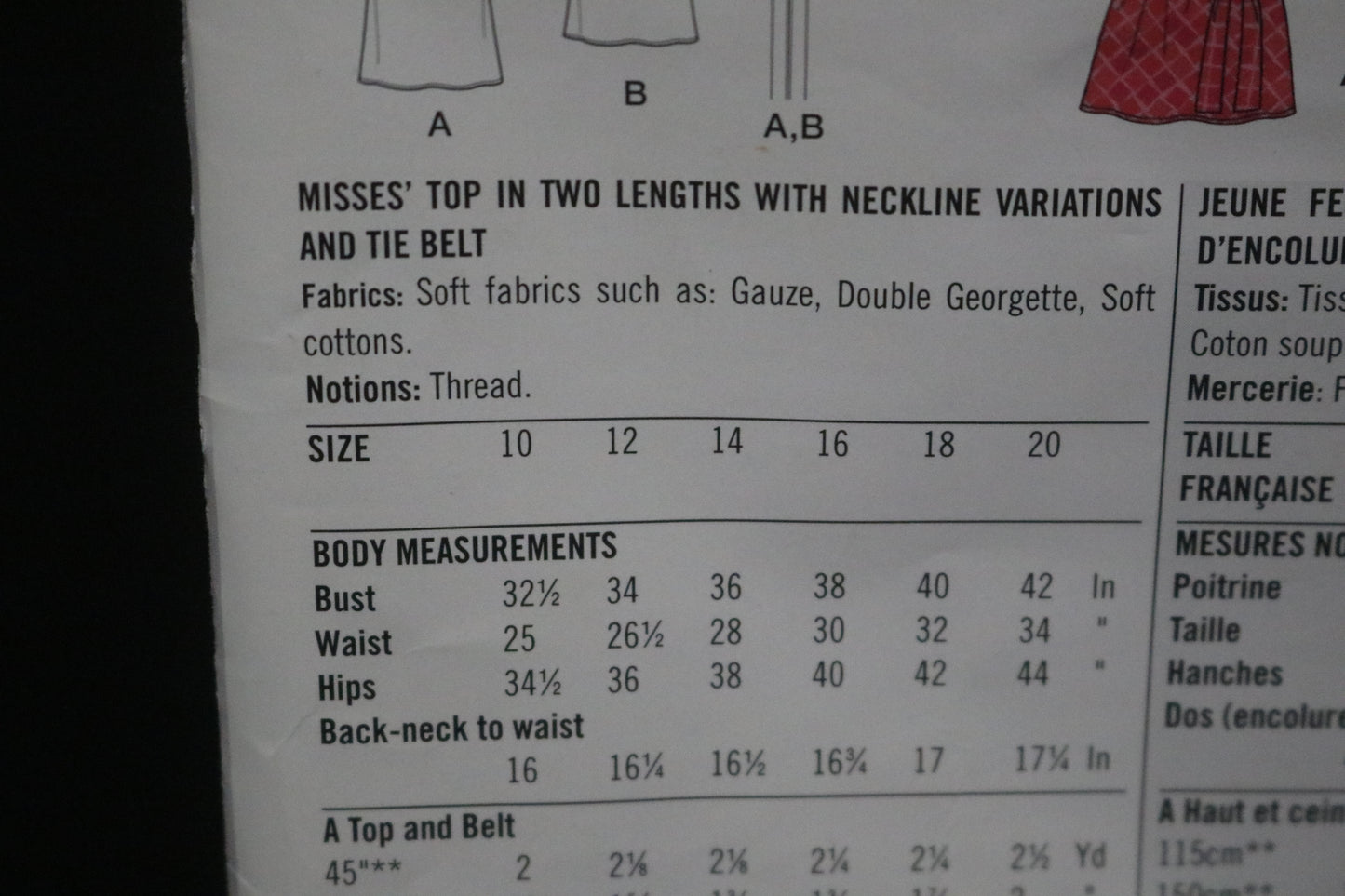 Simplicity 2418 Misses Top in two lengths with Neckline Variations and tie belt Sewing Pattern - UNCUT - Size 10 12 14 16 18 20