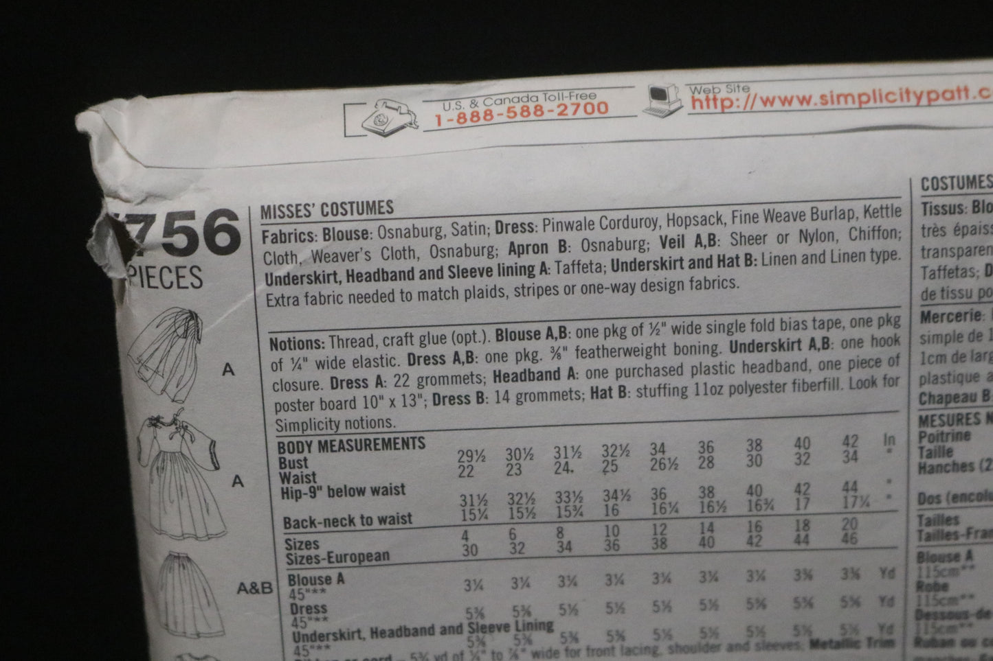 Simplicity 7756  Misses Medieval Costumes Sewing Pattern - UNCUT - Size 16 18 20
