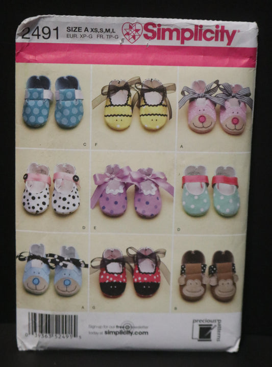 Simplicity 2491 Baby Shoes Sewing Pattern - UNCUT - Size XS S M L